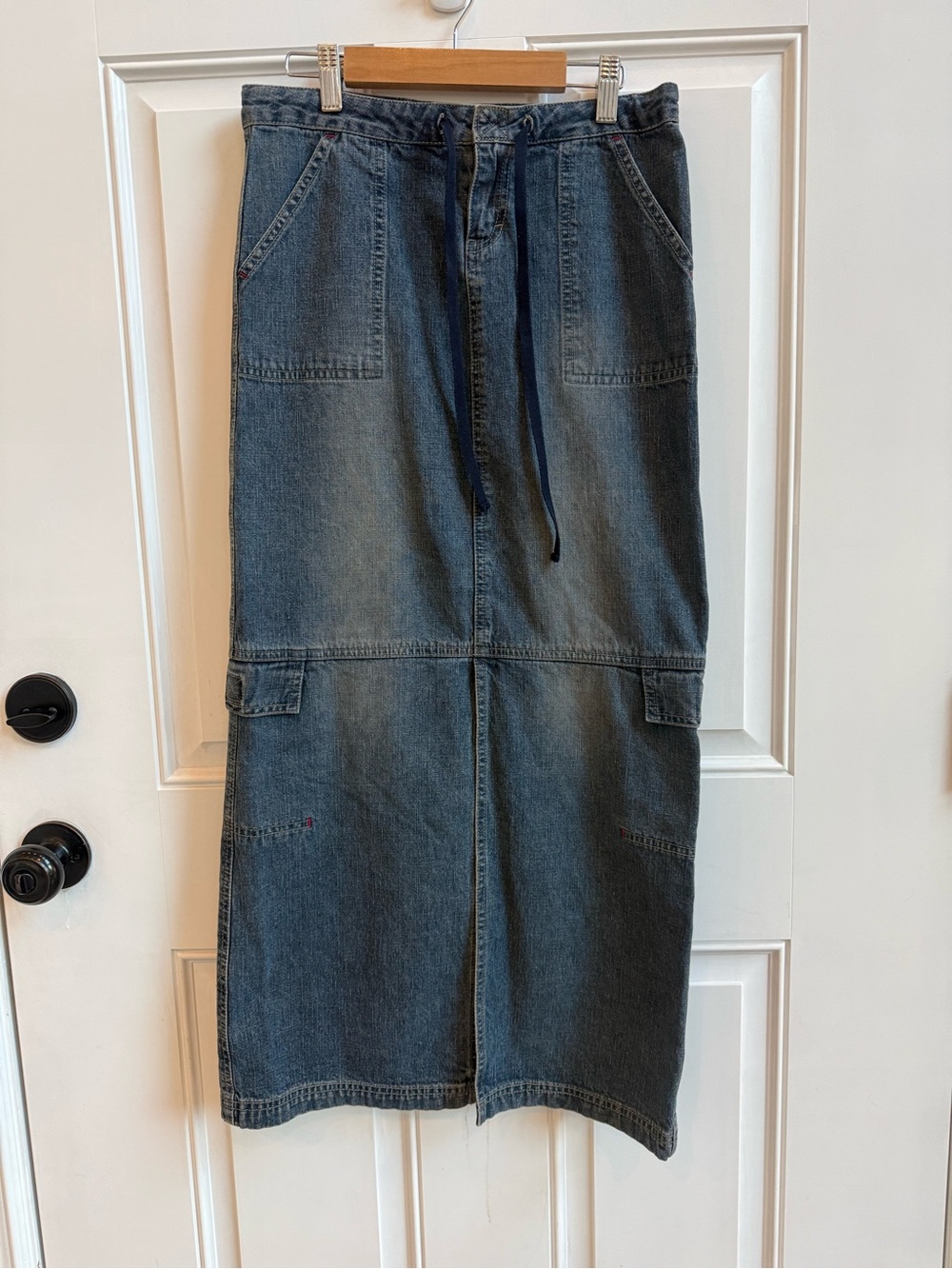 Vintage y2k long denim skirt with front split and drawstrings Union Bay cargo